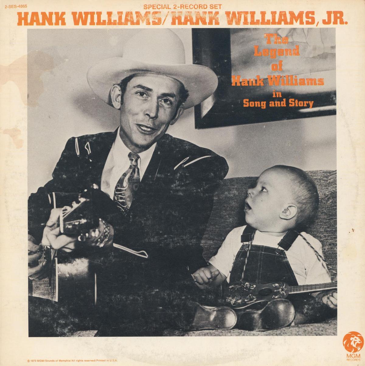 Hank Williams singing to his son Hank Williams Jr. on the cover of “The Legend of Hank Williams in Song and Story,” 1973. Internet Archive. (Public Domain)