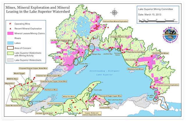 Twin Metals Minnesota's proposed $1.7 billion, 25,000-acre copper-nickel mine (in lower left side of panel) seeks to tap into vast deposits of hard rock minerals on the Canada and United States sides of Lake Superior. (Great Lakes Indian Fish and Wildlife Commission)