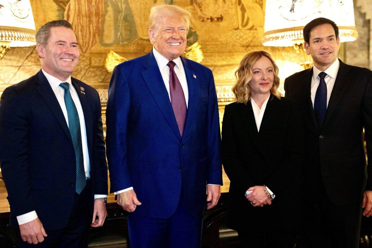 Italian Prime Minister Giorgia Meloni meets with U.S. President-elect Donald Trump, accompanied by U.S. Sen. Marco Rubio (R-Fla.) and U.S. Rep. Michael Waltz (R-Fla.) at Mar-a-Lago in Palm Beach, Fla., on Jan. 4, 2025. (Italian Government/Handout via Reuters)