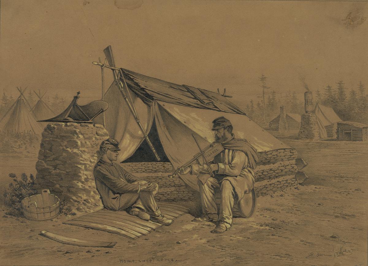 "Home, Sweet Home: A Scene in Winter Camp," between 1861 and 1876, by Edwin Forbes. Library of Congress. (Public Domain)