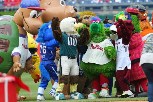 The Phillie Phanatic is surrounded by local mascots to celebrate its 41st birthday before a game against the Miami Marlins at Citizens Bank Park in Philadelphia, Pennsylvania, on April 28, 2019. (Rich Schultz/Getty Images)