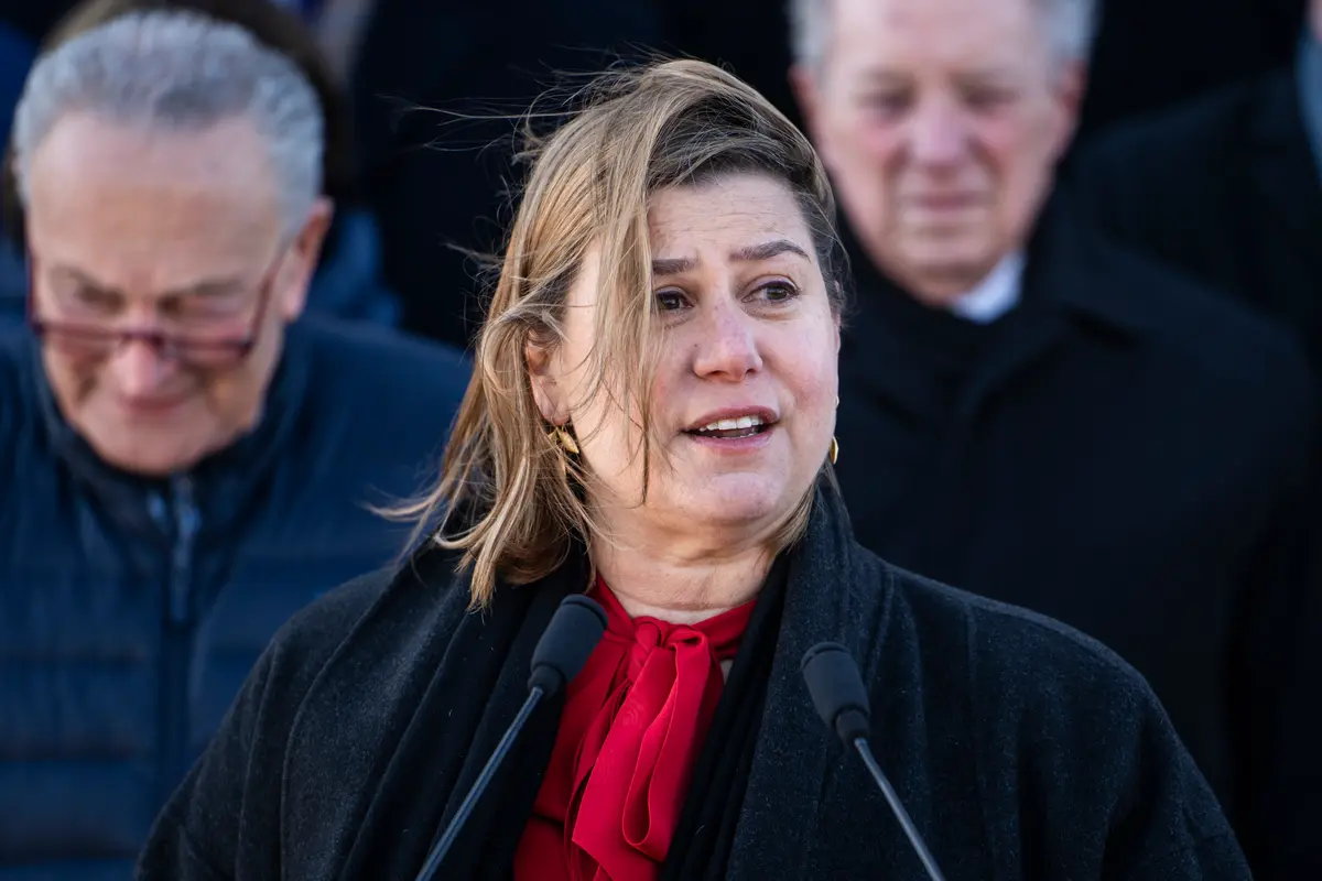 Sen. Elissa Slotkin (D-Mich.), joined by other Senate Democrats, speaks during a press conference on the Senate steps of the U.S. Capitol building on Jan. 9, 2025. (Madalina Vasiliu/The Epoch Times)