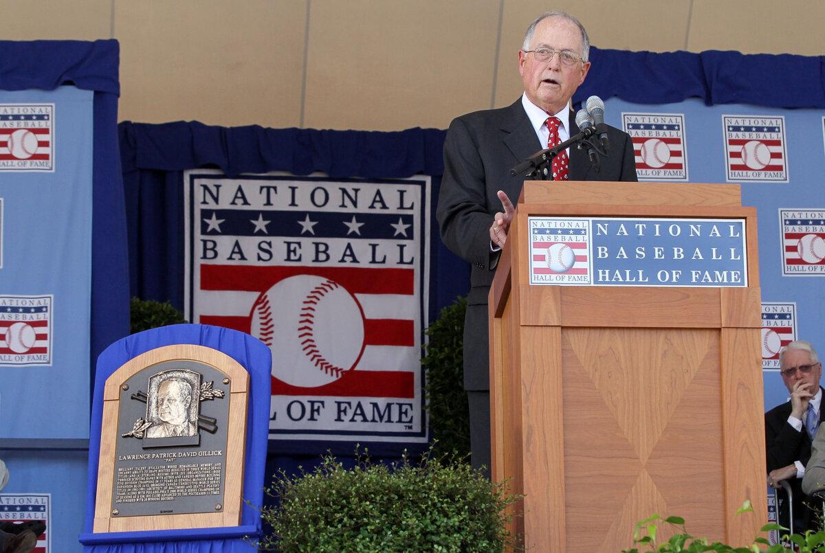 Pat Gillick gives his speech at Clark Sports Center during the Baseball Hall of Fame induction ceremony in Cooperstown, N.Y., on July 24, 2011. (Jim McIsaac/Getty Images)