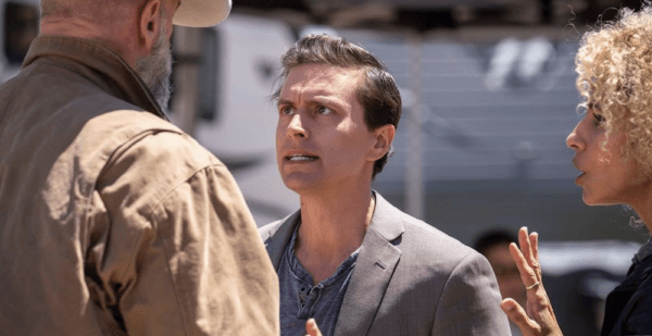 Rancher John Alexander (Graham McTavish, L), filmmaker Fabian Verdugo (Matt Drago), and producer Kat (Michelle Hurd) have a heated argument, in "Somewhere in Montana." (Nova Vento Entertainment)