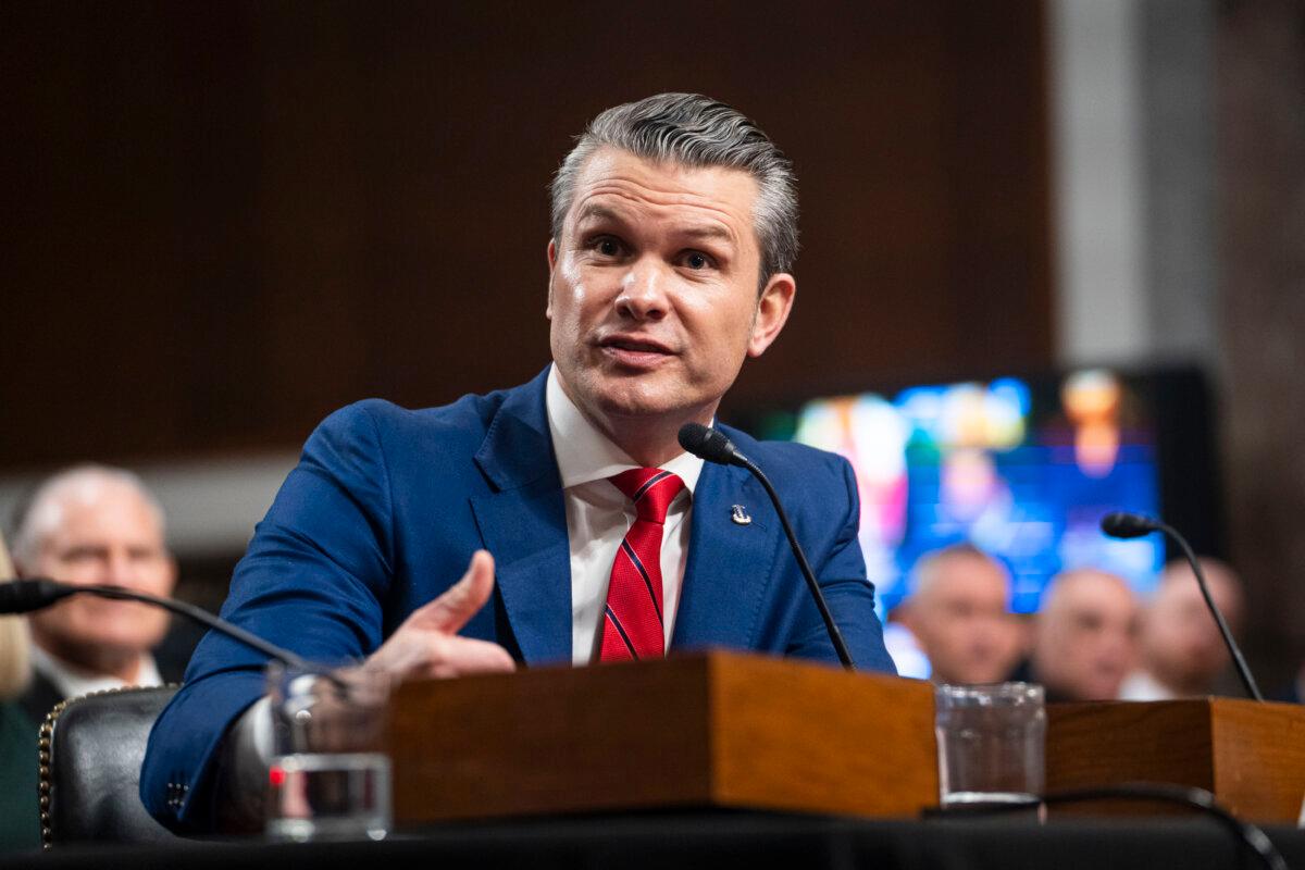President-elect Donald Trump's nominee for Defense Secretary, Pete Hegseth, testifies before the Senate Armed Services Committee in Washington on Jan. 14, 2025. (Madalina Vasiliu/The Epoch Times)