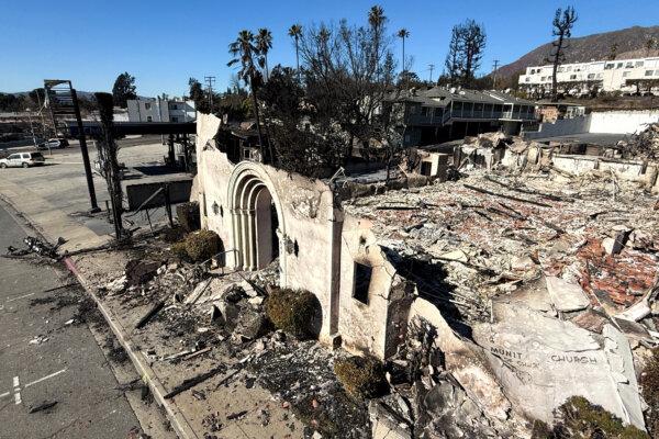 An overhead pole camera image shows wildfire damage at the Altadena Community Church destroyed by the Eaton Fire in Altadena, Calif., on Jan. 14, 2025. (Patrick T. Fallon/AFP via Getty Images)