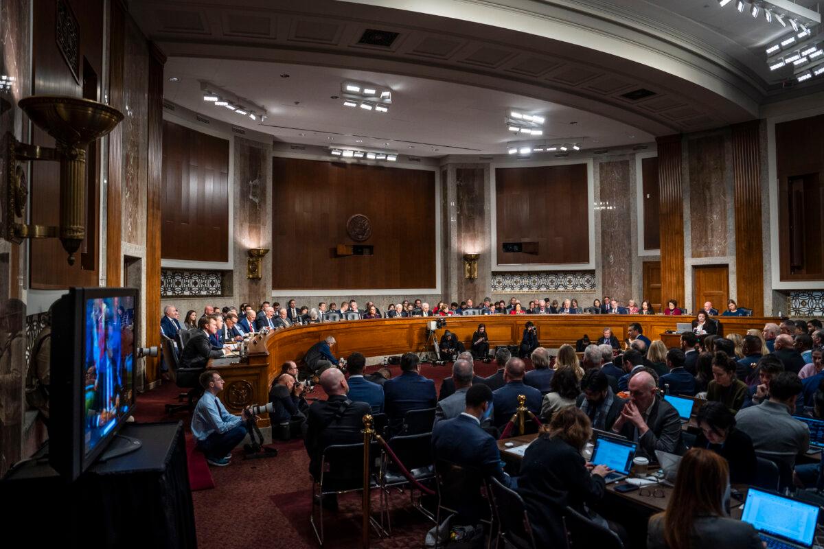 President-elect Donald Trump's nominee for Defense Secretary, Pete Hegseth, testifies before the Senate Armed Services Committee in Washington on Jan. 14, 2025. (Madalina Vasiliu/The Epoch Times)