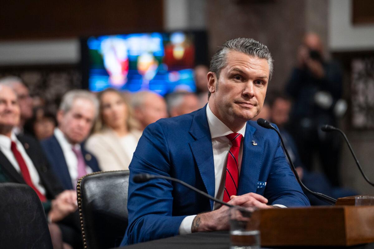 President-elect Donald Trump's nominee for Defense Secretary, Pete Hegseth, testifies before the Senate Armed Services Committee in Washington on Jan. 14, 2025. (Madalina Vasiliu/The Epoch Times)