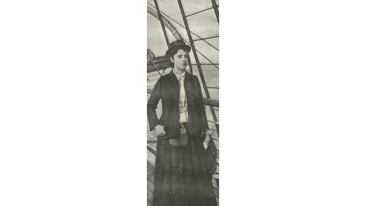 Journalist Elizabeth Bisland on a ship's deck during her around-the-world race against Nellie Bly. (Public Domain)