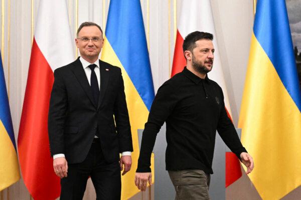 Polish President Andrzej Duda (L) and Ukrainian President Volodymyr Zelenskyy depart a joint news conference in Warsaw, Poland, on Jan. 15, 2025. (Sergei Gapon/AFP via Getty Images)