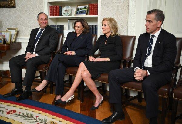 (L-R) Second Gentleman Doug Emhoff, Vice-President Kamala Harris, First Lady Jill Biden, and Hunter Biden listen to President Joe Biden (off frame) as he delivers his farewell address to the nation from the Oval Office of the White House in Washington on Jan. 15, 2025. (Mandel Ngan - Pool/Getty Images)
