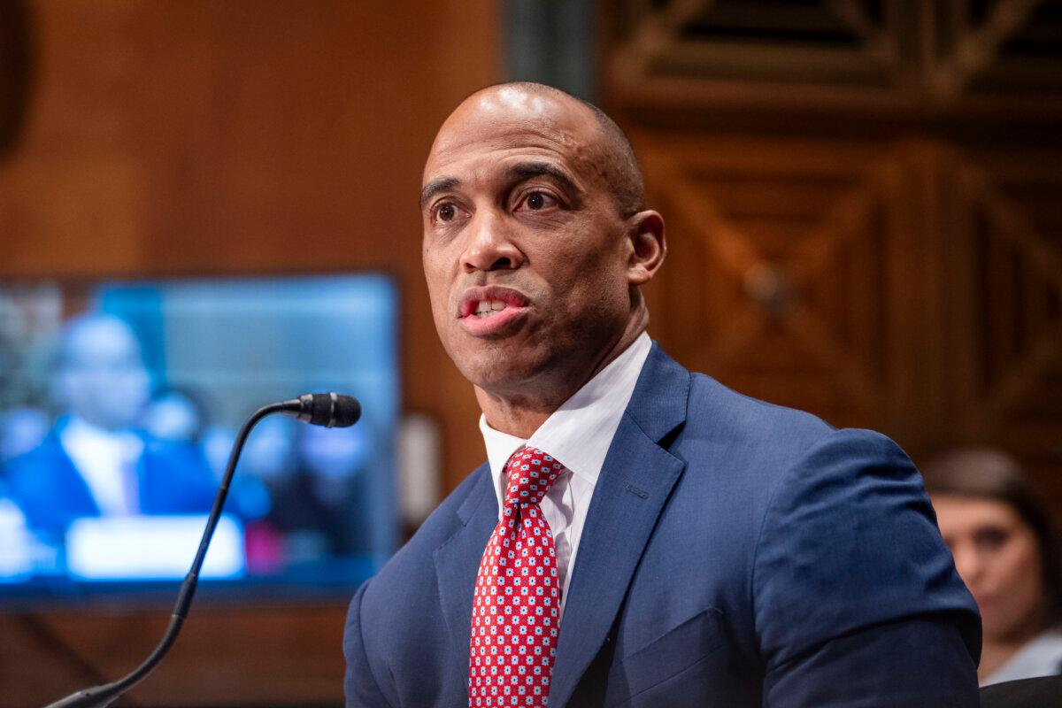 President-elect Donald Trump's nominee for Secretary of the U.S. Department of Housing and Urban Development, Eric Turner, testifies before the Senate Committee on Banking, Housing, and Urban Affairs on Capitol Hill in Washington on Jan. 16, 2025. (Madalina Vasiliu/The Epoch Times)