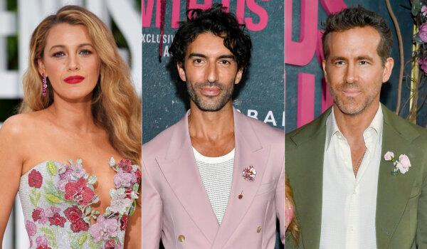 (Left) Blake Lively at the London screening of the film "It 'Ends With Us" on Aug. 8, 2024. (Center) Justin Baldoni and (Right) Ryan Reynolds at the world premiere of the film in New York on Aug. 6, 2024. (AP Photo)