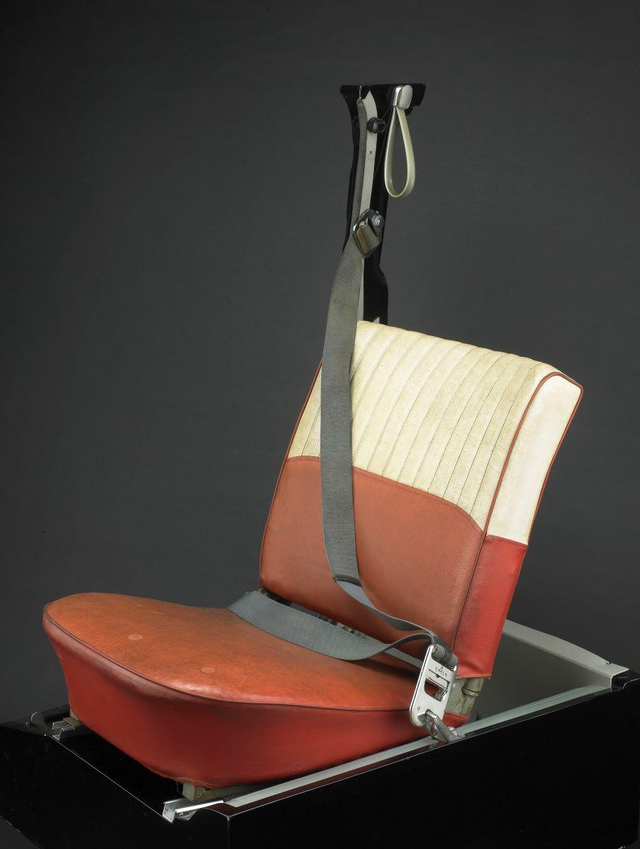 The actual three-point safety belt and seat from a Volvo PV 544 model year 1961 that was donated to Smithsonian National Museum of American History on July 14, 2010. (Courtesy of Volvo Cars)