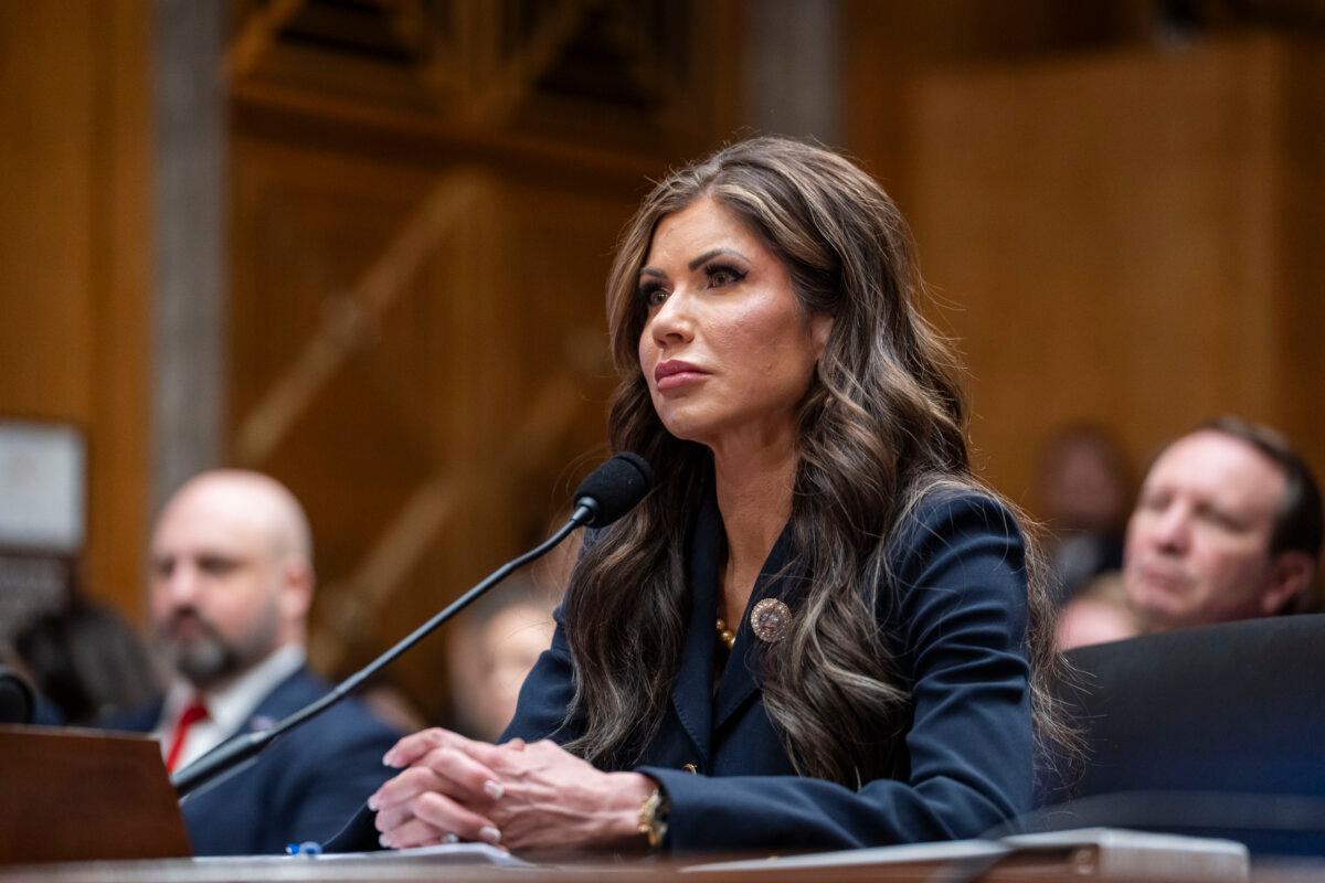 President-elect Donald Trump's nominee for U.S. Department of Homeland Security Secretary, Kristi Noem, testifies before the Senate Committee on Homeland Security and Governmental Affairs on Capitol Hill in Washington on Jan. 17, 2025. (Madalina Vasiliu/The Epoch Times)