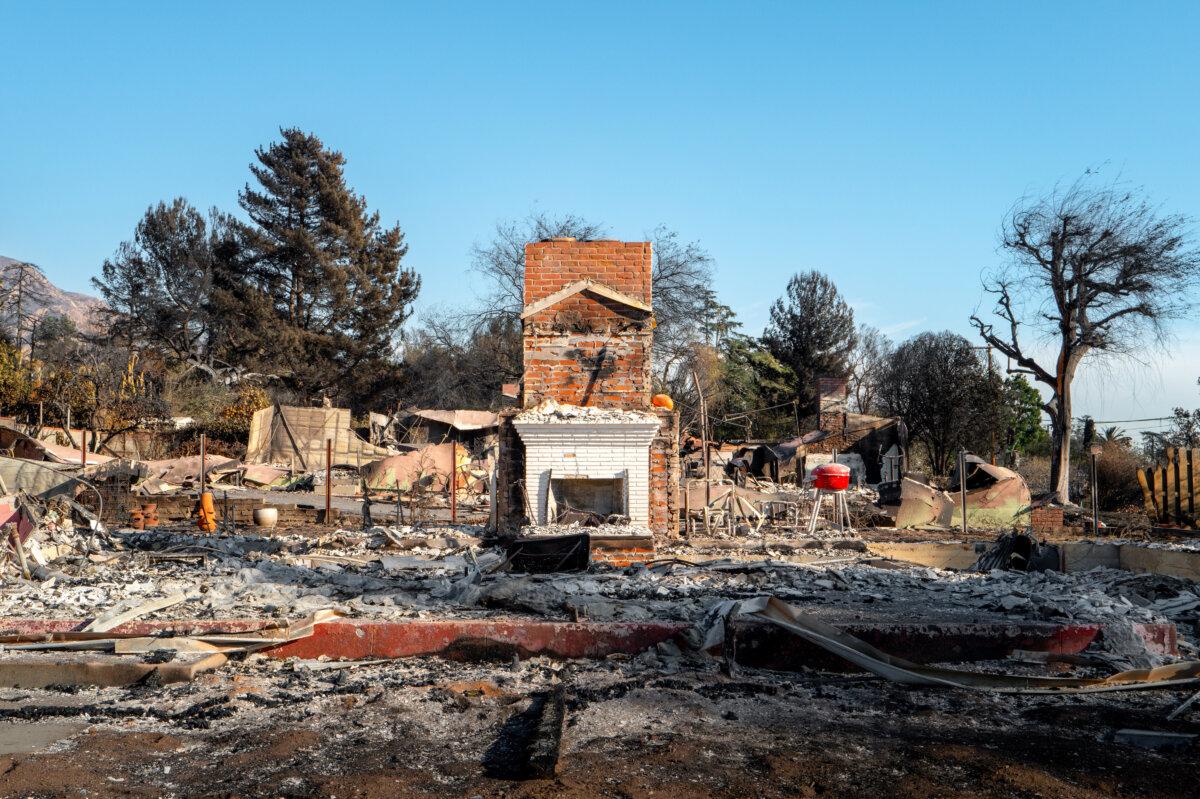 The foundation of a chimney remains after its residence was destroyed in the Eaton Fire in Altadena, Calif., on Jan. 16, 2025. (Brandon Bell/Getty Images)