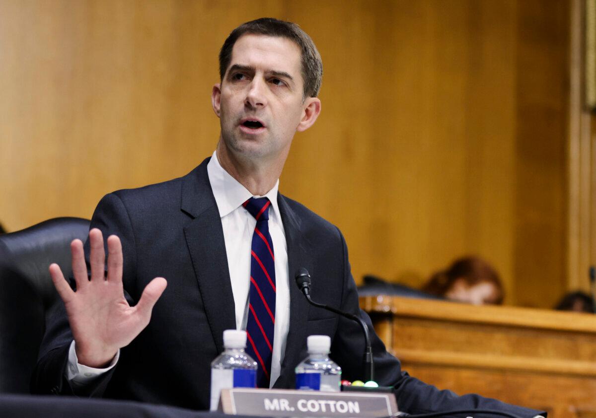 Sen. Tom Cotton (R-Ark.) speaks at a Senate Judiciary Committee hearing in Washington, on Oct. 27, 2021. (Tasos Katopodis/Getty Images)