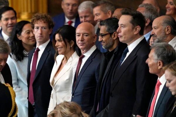 (L-R) CEO of Meta Mark Zuckerberg, Lauren Sanchez, U.S. businessman Jeff Bezos, CEO of Alphabet Inc and Google Sundar Pichai and Tesla and SpaceX CEO Elon Musk attend the inauguration ceremony where Donald Trump was sworn in as the 47th U.S. President in the U.S. Capitol Rotunda in Washington on Jan. 20, 2025. (Julia Demaree Nikhinson/AFP)