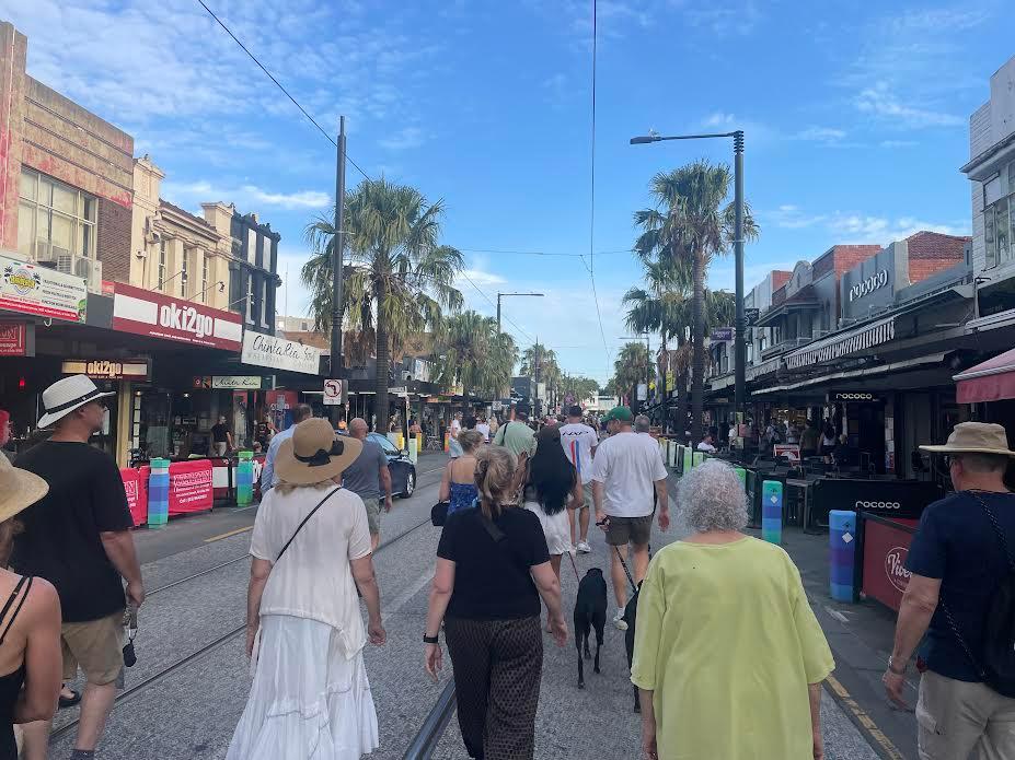 Residents march through Acland St Plaza during the "Make Port Phillip Safer" walk against youth crime in Melbourne, Australia on Jan. 19, 2025. (Josh Spasaro/The Epoch Times)