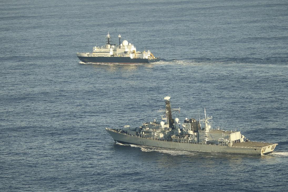 The Russian spy ship Yantar (top) is shadowed by the British frigate, HMS Somerset, in the English Channel on Jan. 20, 2025. (UK Ministry of Defence)