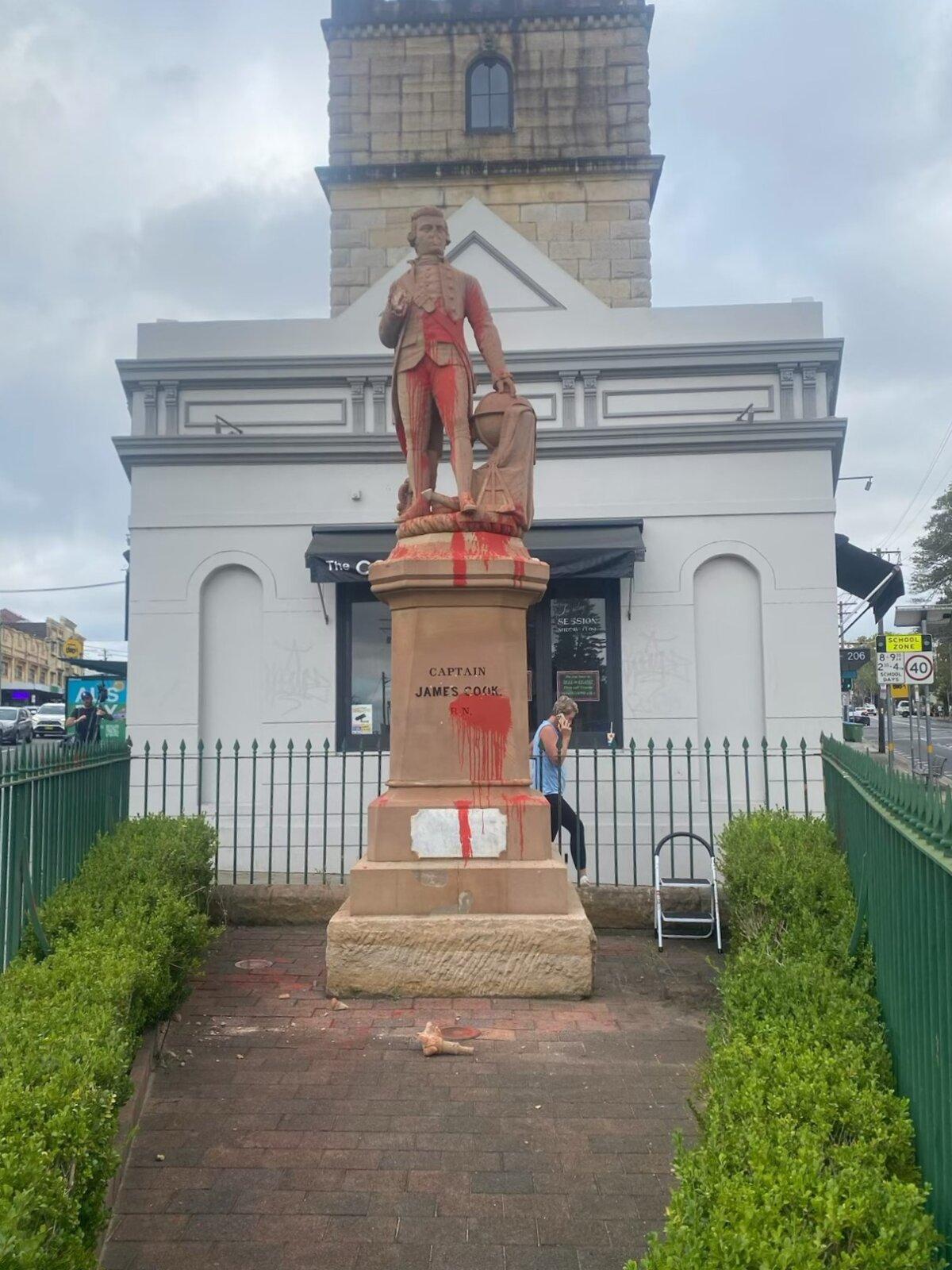 A statue of early English explorer Captain James Cook damaged and graffitied in the lead-up to Australia Day in the Sydney suburb of Randwick in Australia. (Courtesy of Randwick City Council).