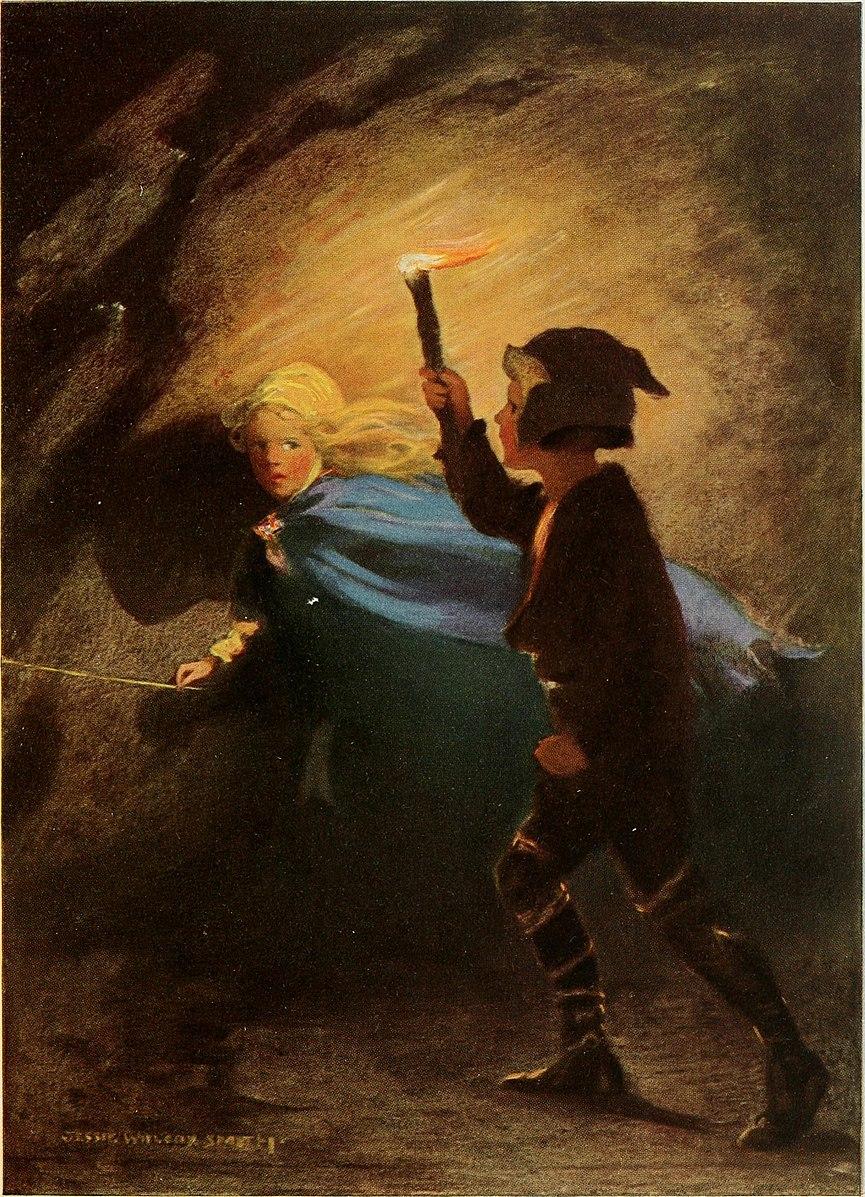 In this illustration from a 1920 edition of "The Princess and the Goblin," the princess teams up with the young miner boy, Curdie, as she follows a magical thread only she can see. (Public Domain)