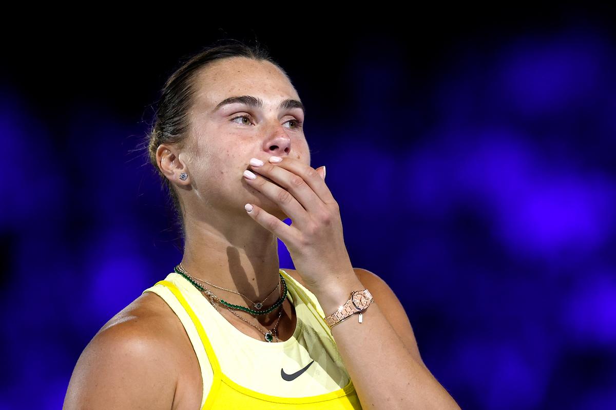 Belarus' Aryna Sabalenka looks on during a ceremony following her defeat to American Madison Keys during their women's singles final match on day 14 of the Australian Open tennis tournament in Melbourne on Jan. 25, 2025. (Martin Keep/AFP via Getty Images)