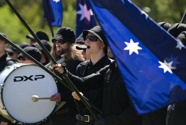 Members of the National Socialist Network (NSN) during a counter protest on North Terrace and East Terrace on Jan. 26, 2025 in Adelaide, Australia. Australia Day, formerly known as Foundation Day, is the official national day of Australia and is celebrated annually on January 26 to commemorate the arrival of the First Fleet to Sydney in 1788. (Tracey Nearmy/Getty Images)
