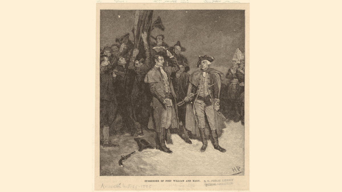Howard Pyle's painting depicts the surrender of British forces at Fort William and Mary to colonial leaders. Harper's magazine. The New York Public Library. (Public Domain)