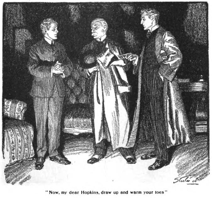 Illustration by Steele of Inspector Hopkins, Dr. Watson, and Sherlock Holmes in "The Adventure of the Golden Pince-Nez" (Collier's, 1904). (Public Domain)