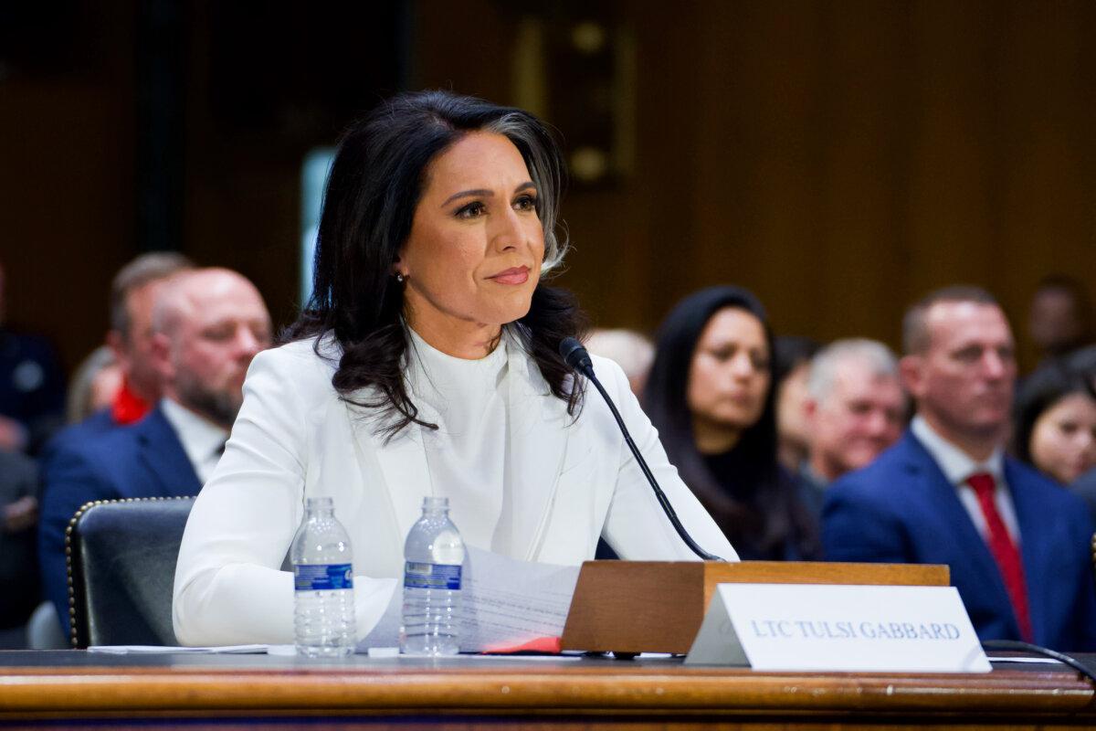 Tulsi Gabbard, nominee for Director of National Intelligence (DNI), testifies before the Senate Select Committee on Intelligence on Capitol Hill in Washington on Jan. 30, 2025. (Madalina Vasiliu/The Epoch Times)