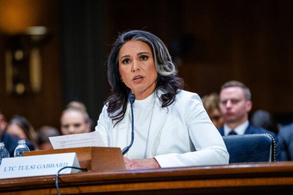 Tarsi Gabbard, candidate for Director of National Intelligence, testifies before the Senate Selection Committee at Capitol Hill, Washington on January 30, 2025 (Madalina Vasiriu/Epoch Times)