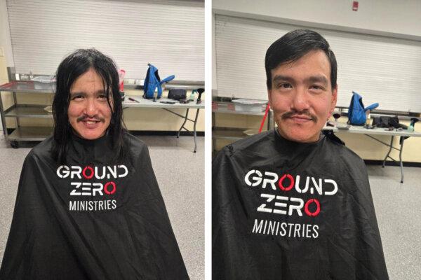A homeless man before and after getting a haircut from Ground Zero volunteers. (Courtesy of Joseph Sikora)