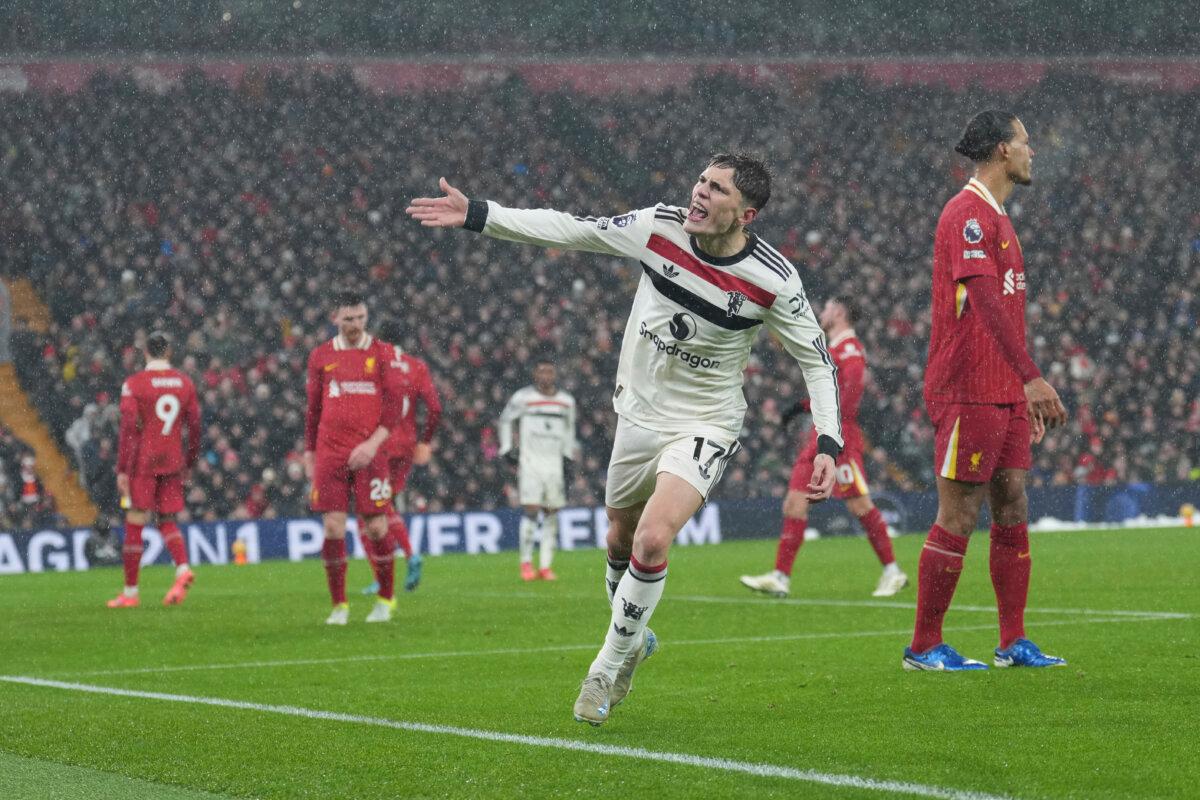 Manchester United's Alejandro Garnacho gestures during the English Premier League soccer match against Liverpool at the Anfield stadium in Liverpool, England, on Jan. 5, 2025. (Jon Super/AP Photo)