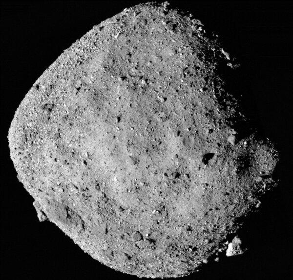 This mosaic image of the asteroid Bennu, consisting of 12 Polycam images collected by Osiris-Rex Spacecraft from a 15-mile range on December 2, 2018.