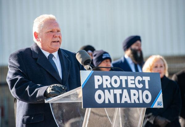 Ontario Premier Doug Ford speaks to the press at Triple M Metal in Brampton, Ont., on Feb. 1, 2025. (The Canadian Press/Eduardo Lima)