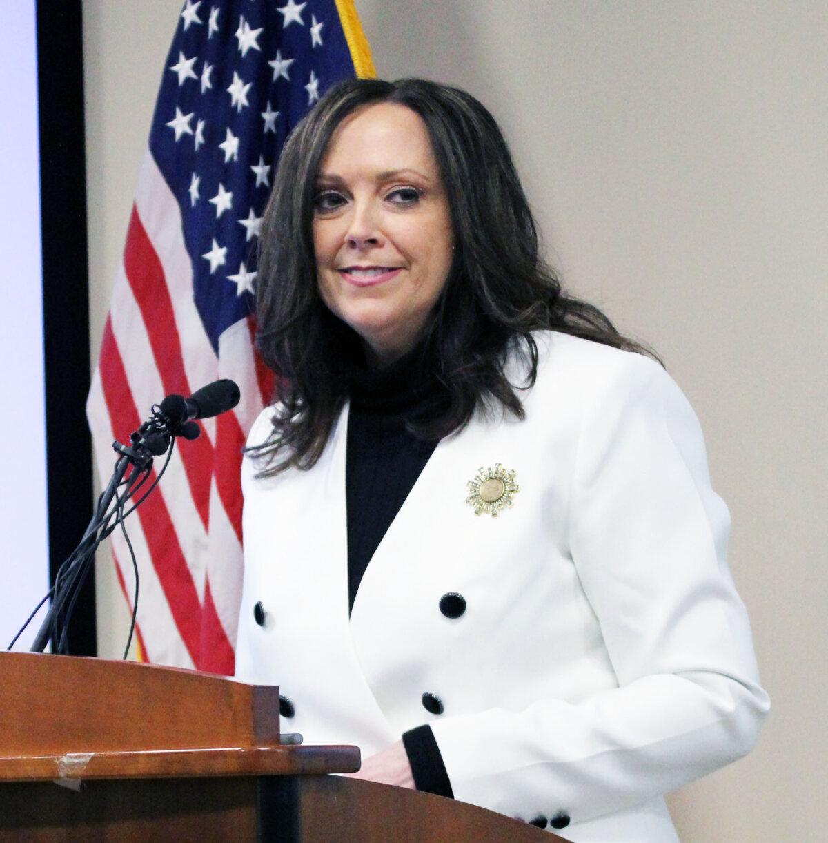 Oklahoma State Auditor and Inspector Cindy Bird will address reporters at a press conference held in Oklahoma City on February 11, 2025 (Michael Clements/Epoch Times)