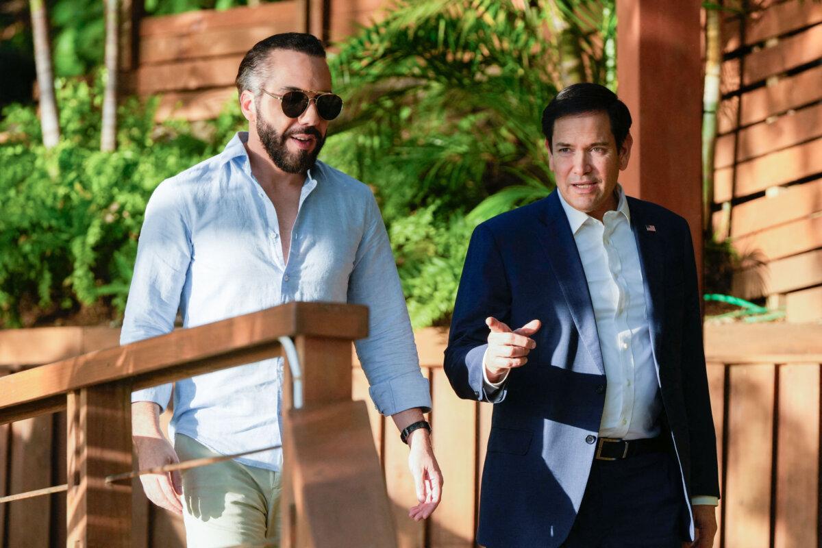 U.S. Secretary of State Marco Rubio (R) meets with El Salvador's President Nayib Bukele at his residence at Lake Coatepeque in El Congo municipality, El Salvador, on Feb. 3, 2025. (Mark Schiefelbein/AFP via Getty Images)