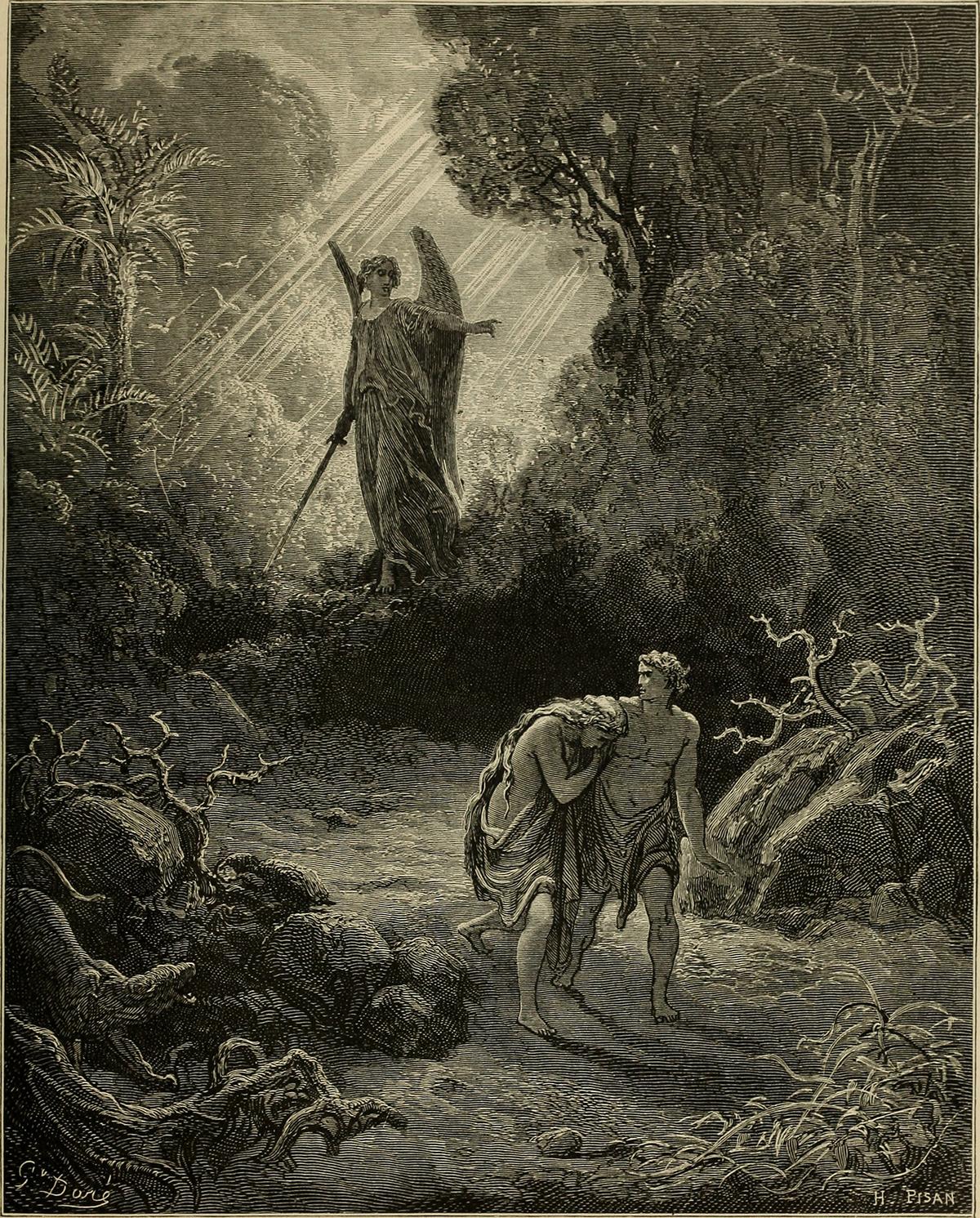 "Adam and Eve Are Driven out of the Garden" by Gustave Doré from "The Bible Panorama, or The Holy Scriptures in Picture and Story" by William A. Foster, 1891. Internet Archive. (Public Domain)