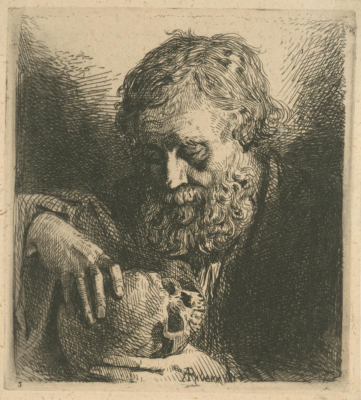 A man contemplating time and mortality, 1845–1846, etched by Charles Emile Jacque. The New York Public Library. (Public Domain)