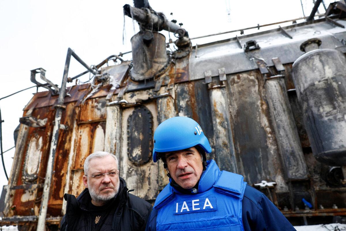 International Atomic Energy Agency Director General Rafael Grossi (R) and Ukrainian Energy Minister German Galushchenko (L) visit an energy infrastructure facility at an undisclosed location in Ukraine on Feb. 4, 2025. (Valentyn Ogirenko/Reuters)