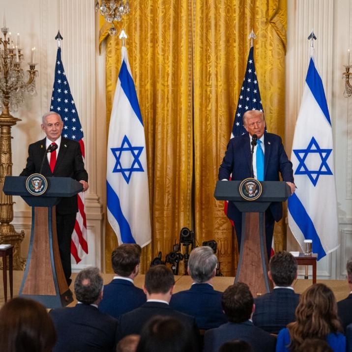 Prime Minister of the State of Israel, Benjamin Netanyahu, and President Donald Trump take questions from members of the press at the White House in Washington on Feb. 4, 2025. (Madalina Vasiliu/The Epoch Times)