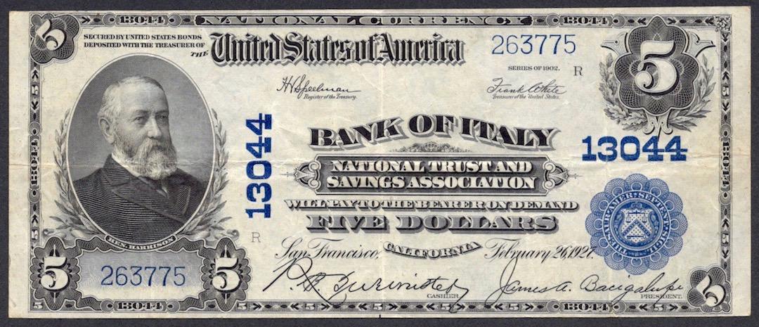 A.P. Giannini: The Banker Who Helped Build Modern America | USNN World News A $5 series-1902 National Bank Note from the Bank of Italy National Trust and Savings Association, of San Francisco, Calif., Charter no. 13044. The Bureau of Engraving and Printing. (Public Domain)
