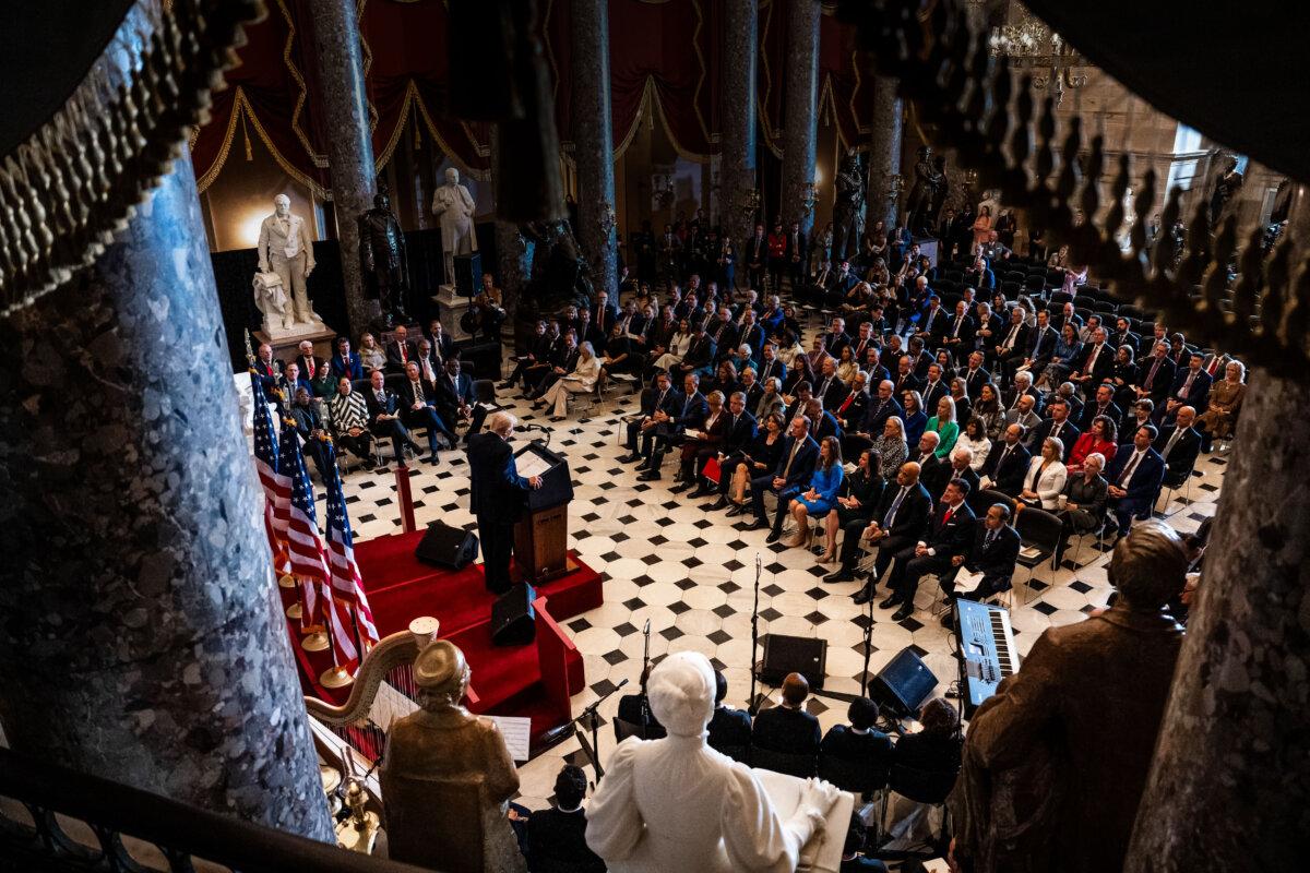 President Donald Trump speaks at the national prayer breakfast at the U.S. Capitol in Washington, on Feb. 6, 2025. (Madalina Vasiliu/The Epoch Times)