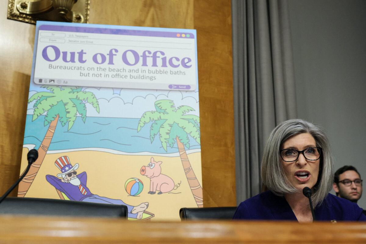 U.S. Senator Joni Ernst (R-Iowa) questions former Office of Management and Budget (OMB) Director Russell Vought during a U.S. Senate Homeland Security and Governmental Affairs Committee hearing on his second nomination to be OMB director, on Capitol Hill in Washington on Jan. 15, 2025. (Jemal Countess/ AFP)