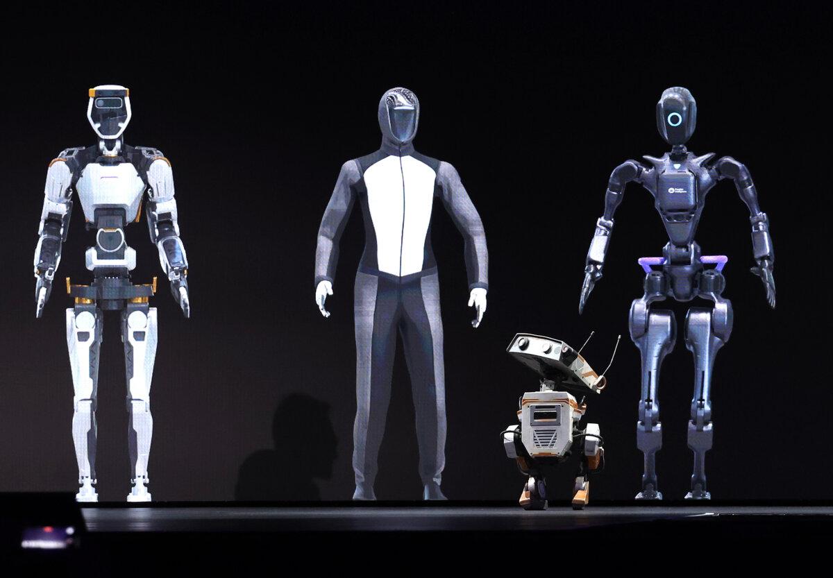 Robots appear on stage during the Nvidia GTC Artificial Intelligence Conference in San Jose, Calif., on March 18, 2024. (Justin Sullivan/Getty Images)