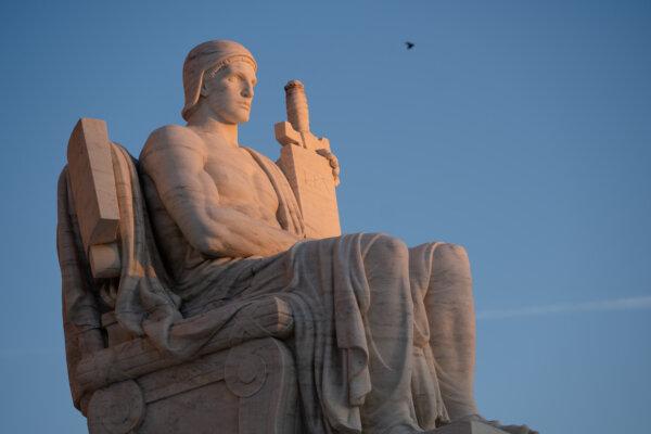 The Authority of Law statue outside the U.S. Supreme Court in Washington on Feb. 10, 2025. (Madalina Vasiliu/The Epoch Times)