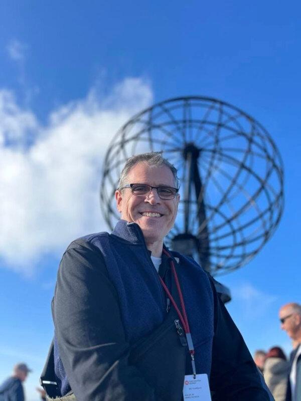 James Walsh atop the metal globe in Honningsvåg, the northernmost city in Norway. (James Walsh/The Minnesota Star-Tribune/TNS)