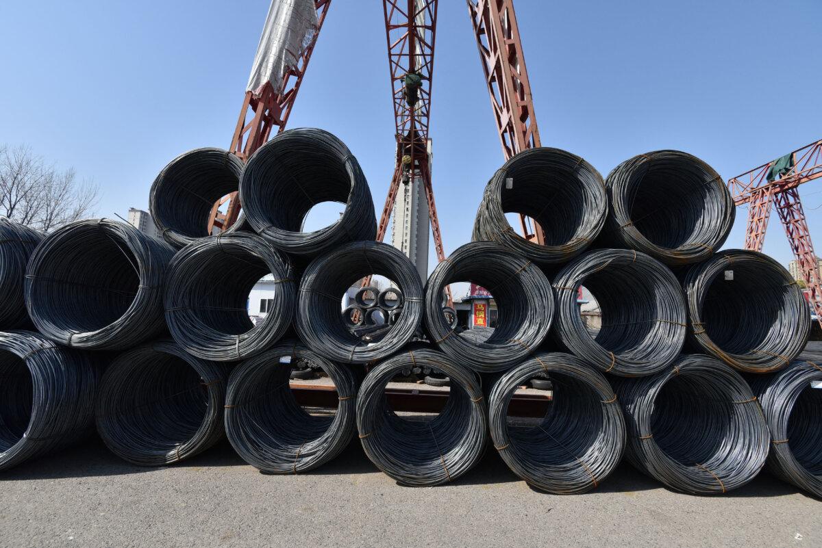 Rolls of steel are seen at a steel market in Fuyang, in China's eastern Anhui province, on Feb. 10, 2025. (AFP via Getty Images)