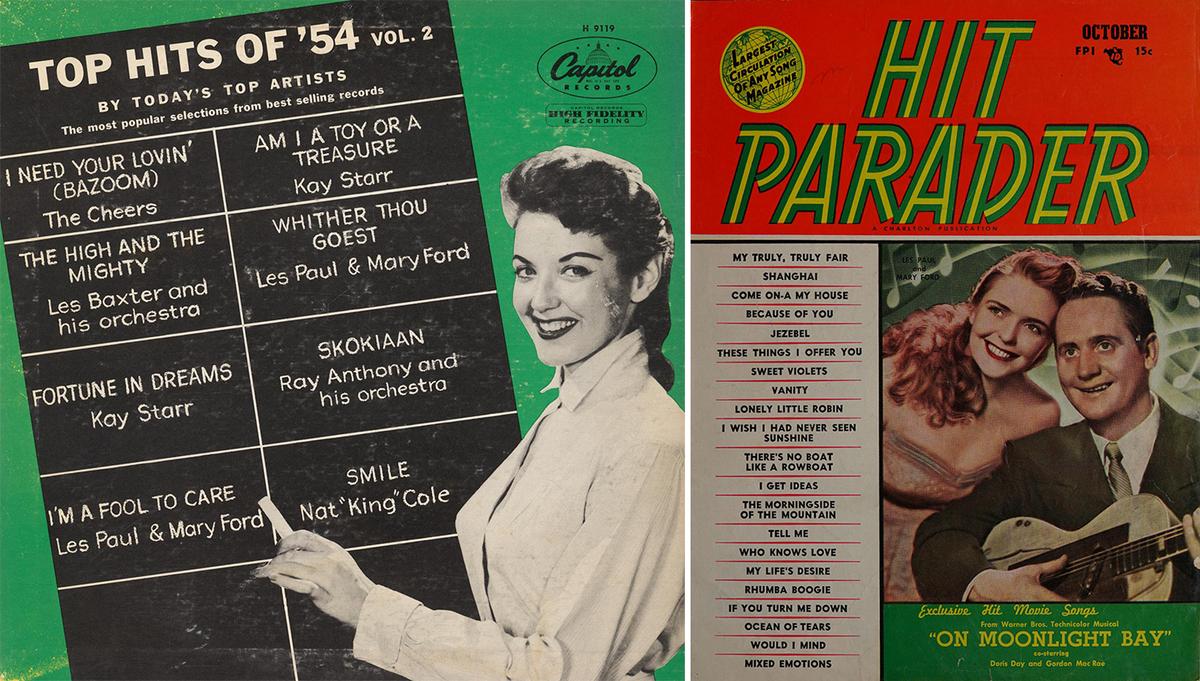(L) Album cover for "Top Hits of '54 Vol. 2" featuring two songs by Les Paul and Mary Ford. (R) The husband-and-wife duo on the cover of "Hit Parader" in October 1951. Internet Archive. (Public Domain)